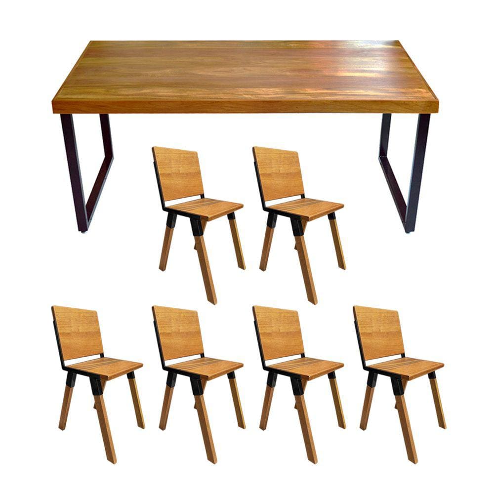 Conjunto Mesa Industrial Bernardo Madeira Maciça 2,00mx90cm C/ Ferragem Preta e 6 Cadeiras Detroit