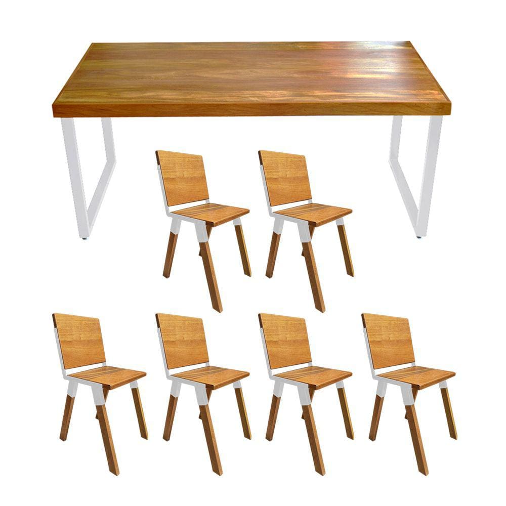 Conjunto Mesa Industrial Bernardo Madeira Maciça 2,00mx90cm C/ Ferragem Branca e 6 Cadeiras Detroit
