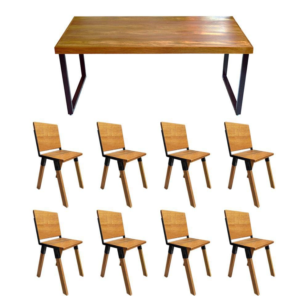 Conjunto Mesa Industrial Bernardo Madeira Maciça 2,20mx90cm C/ Ferragem Preta e 8 Cadeiras Detroit