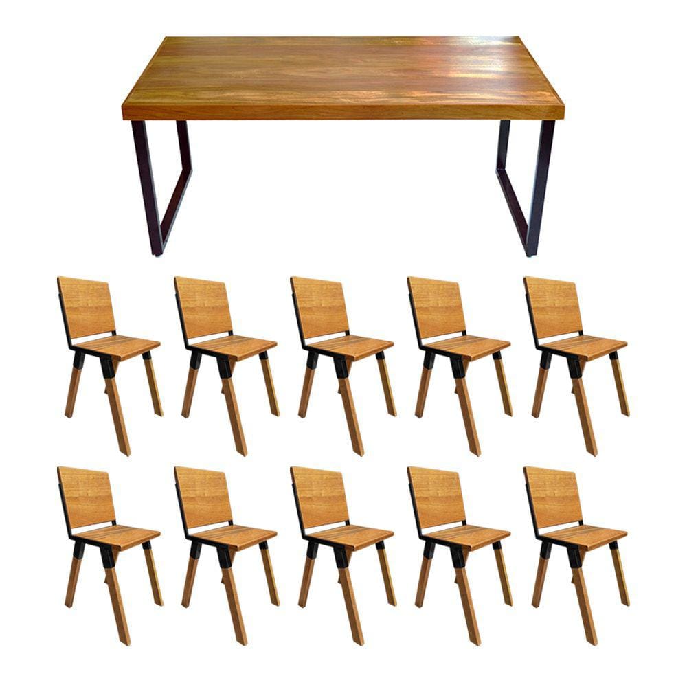 Conjunto Mesa Industrial Bernardo Madeira Maciça 2,50mx100cm C/ Ferragem Preta e 10 Cadeiras Detroit