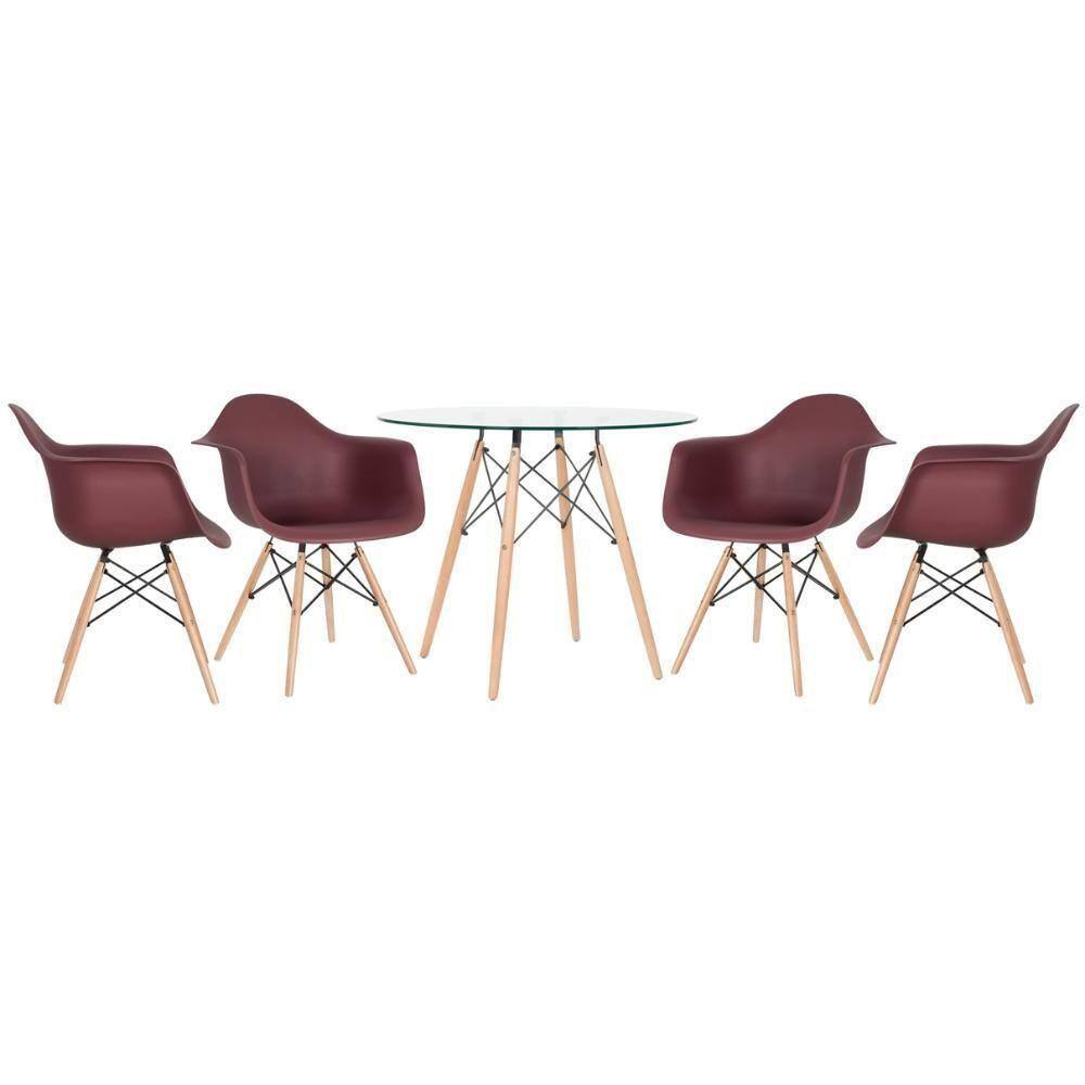 Mesa Redonda Eames Com Tampo De Vidro 90 Cm + 4 Cadeiras Eiffel Daw Marrom Marrom