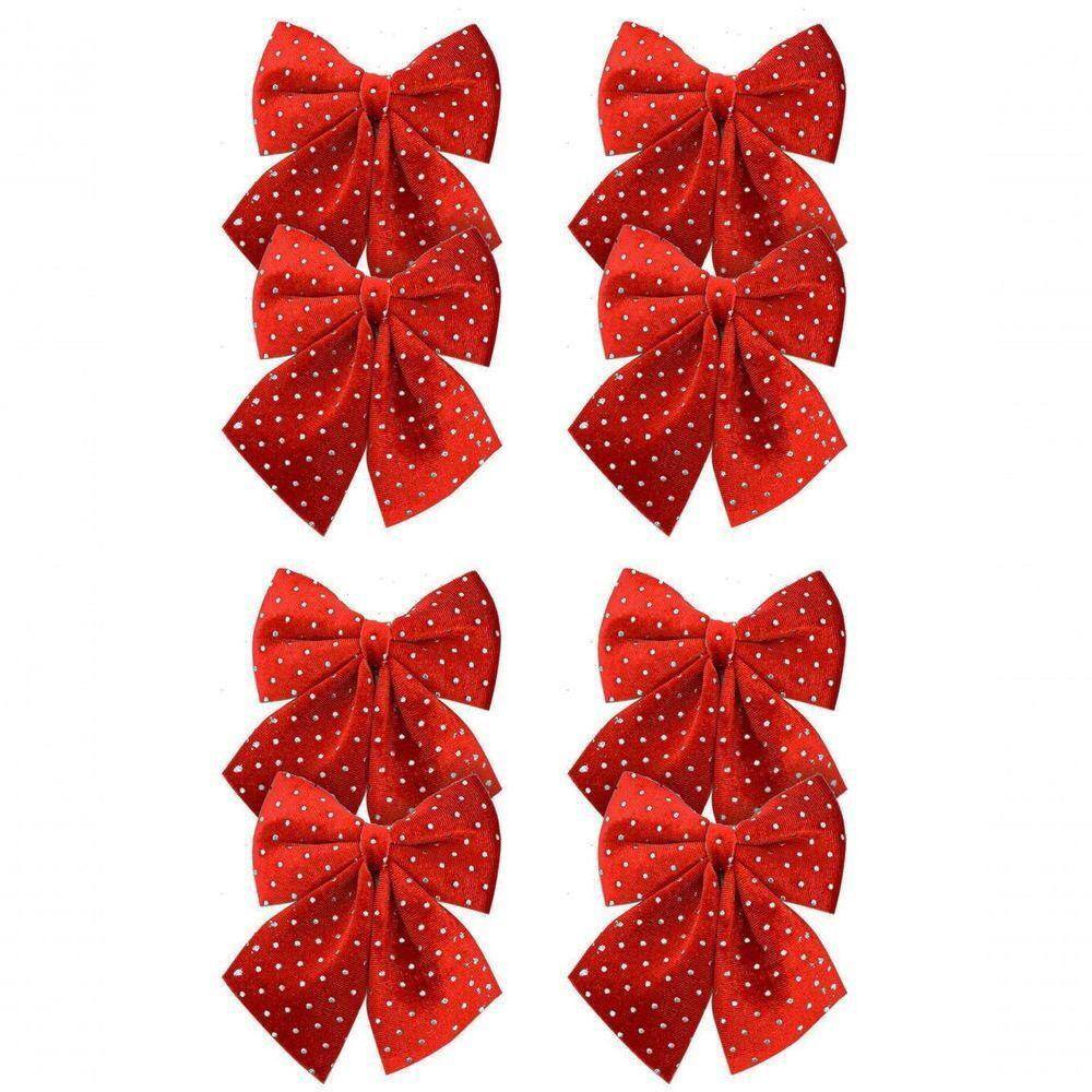 Kit 8 Laços Veludo Vinho Decor Bolinhas Prata Natal 12x13cm
