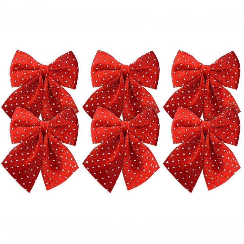Kit 6 Laços Veludo Vinho Decor Bolinhas Prata Natal 12x13cm