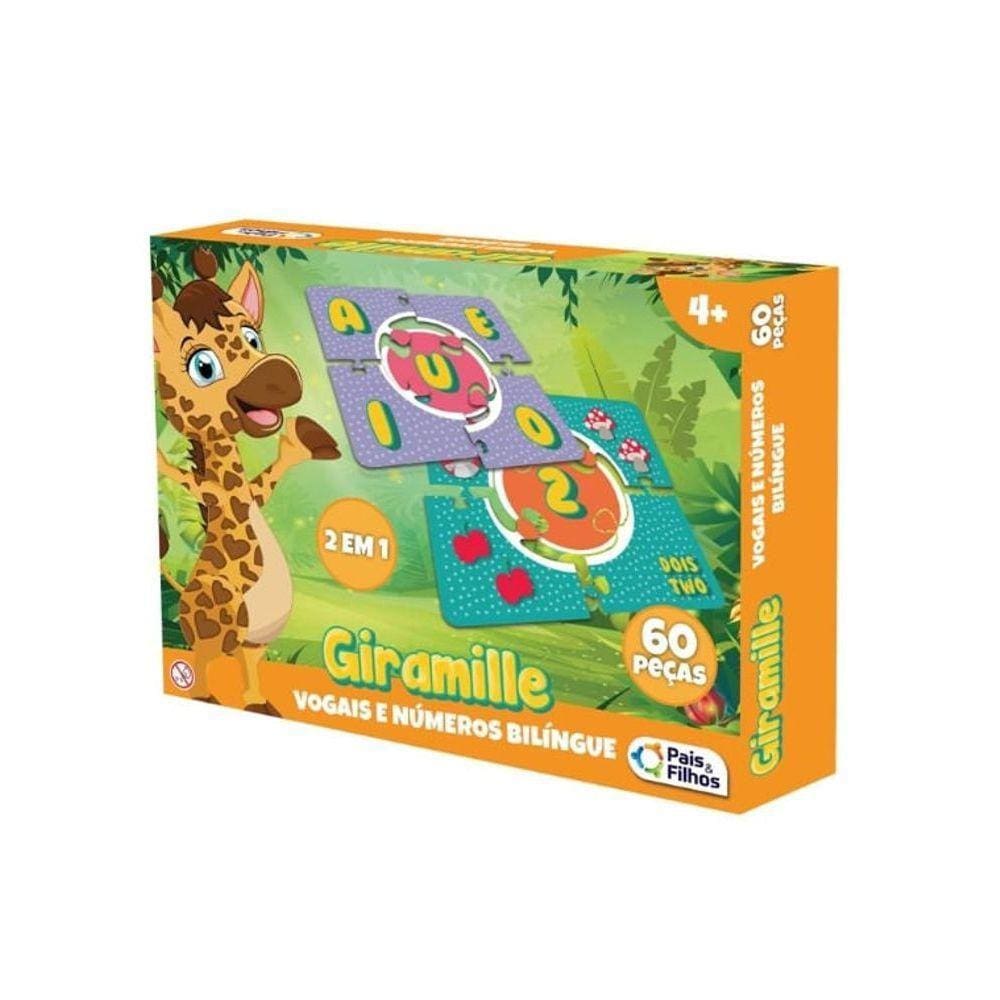 Puzzle 2 Em 1 Giramille Vogais E Número Bilingue 60 Peças - Pais E Filhos