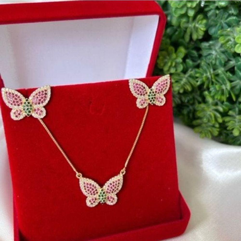 Conjunto Colar +brinco Borboleta Em Banho De Ouro 18k
