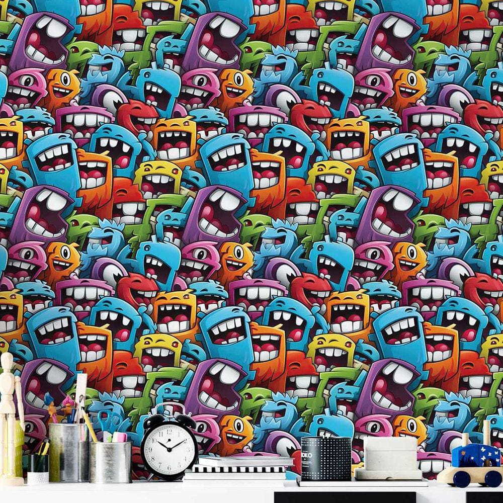 Papel de Parede 3D Grafite desenho Gamer cartoon Divertido decorado moderno Varias cores Vinil 18m