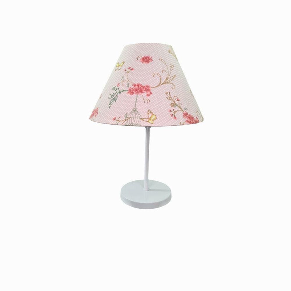 Abajur Mini Branco Menina Bebe Cúpula Rosa Borboleta