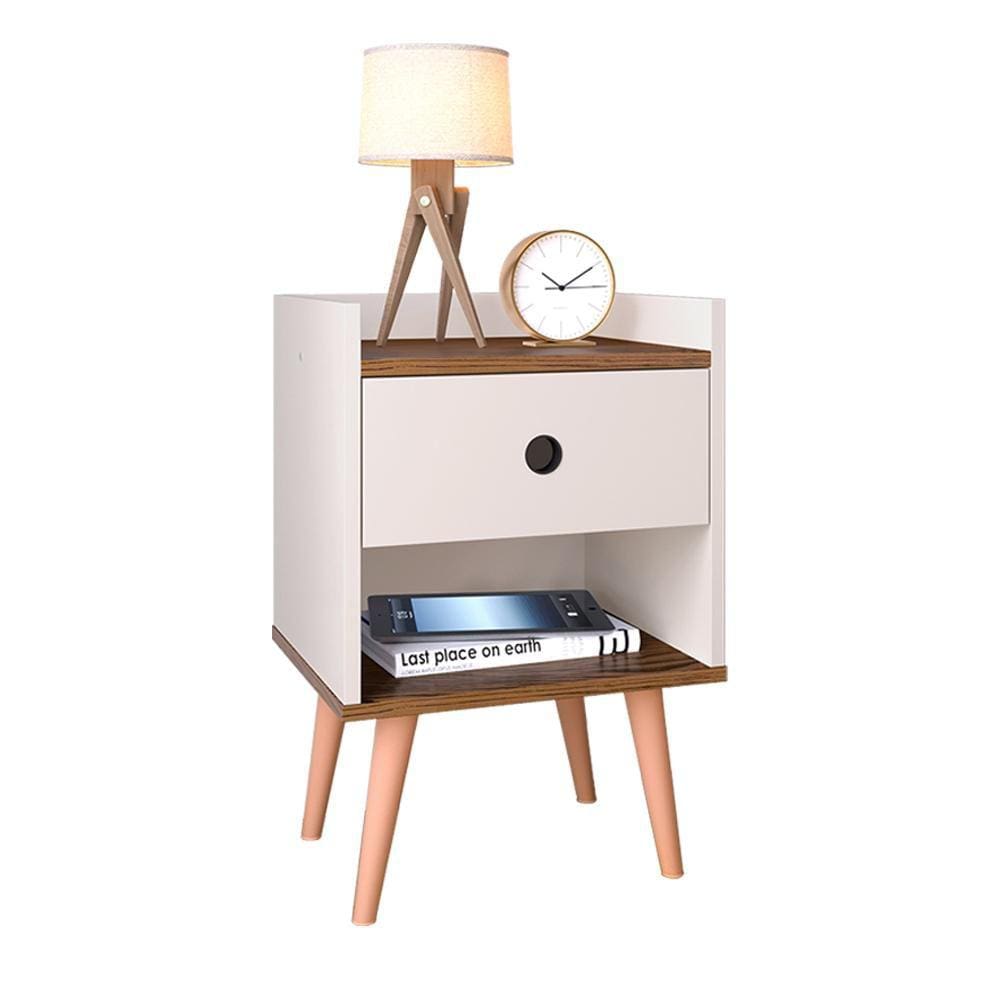 Mesinha de Cabeceira Pequena Retrô Mesa Apoio Canto Lateral Cama Gaveta Organizadora Nicho Decore Quarto - Off White/Freijó- RPM