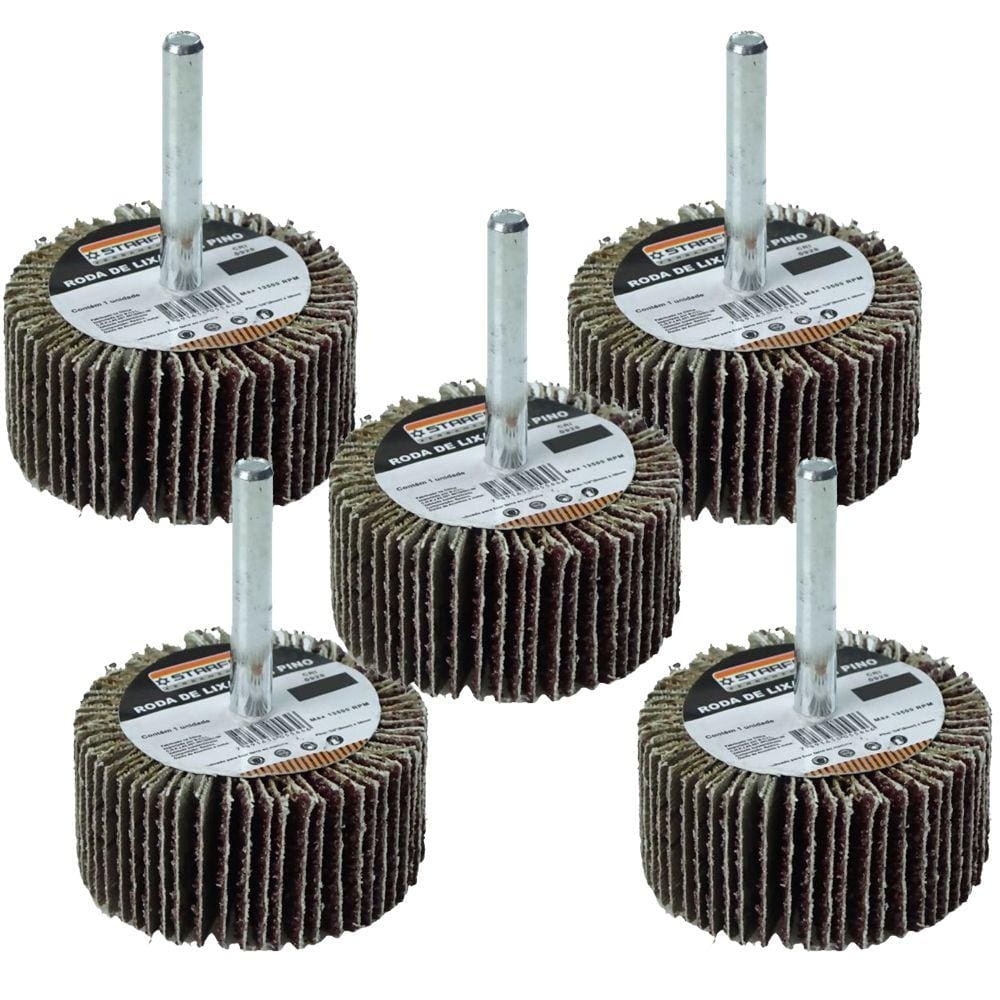 Kit 5 Roda de Lixa com Pino para Furadeira 50x25 Grão 80 - Starfer