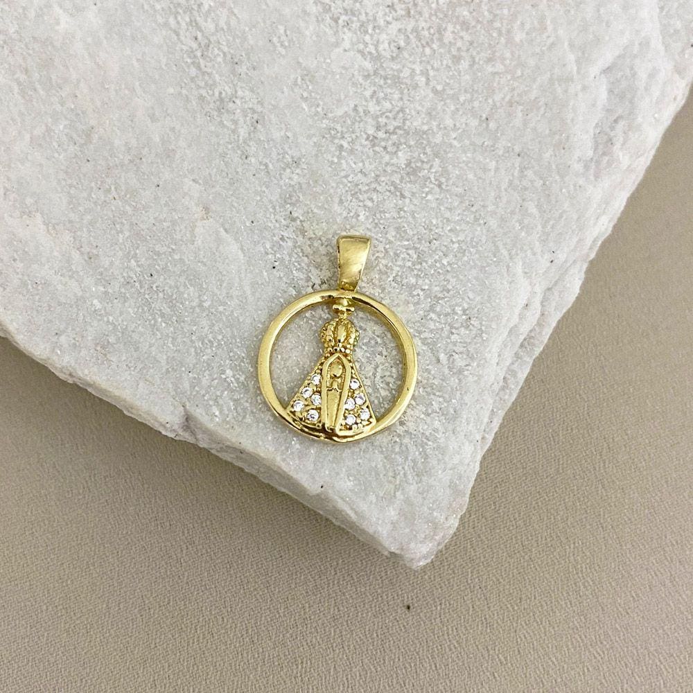 Pingente Circular Nossa Senhora Aparecida Cravejado com Zircônia