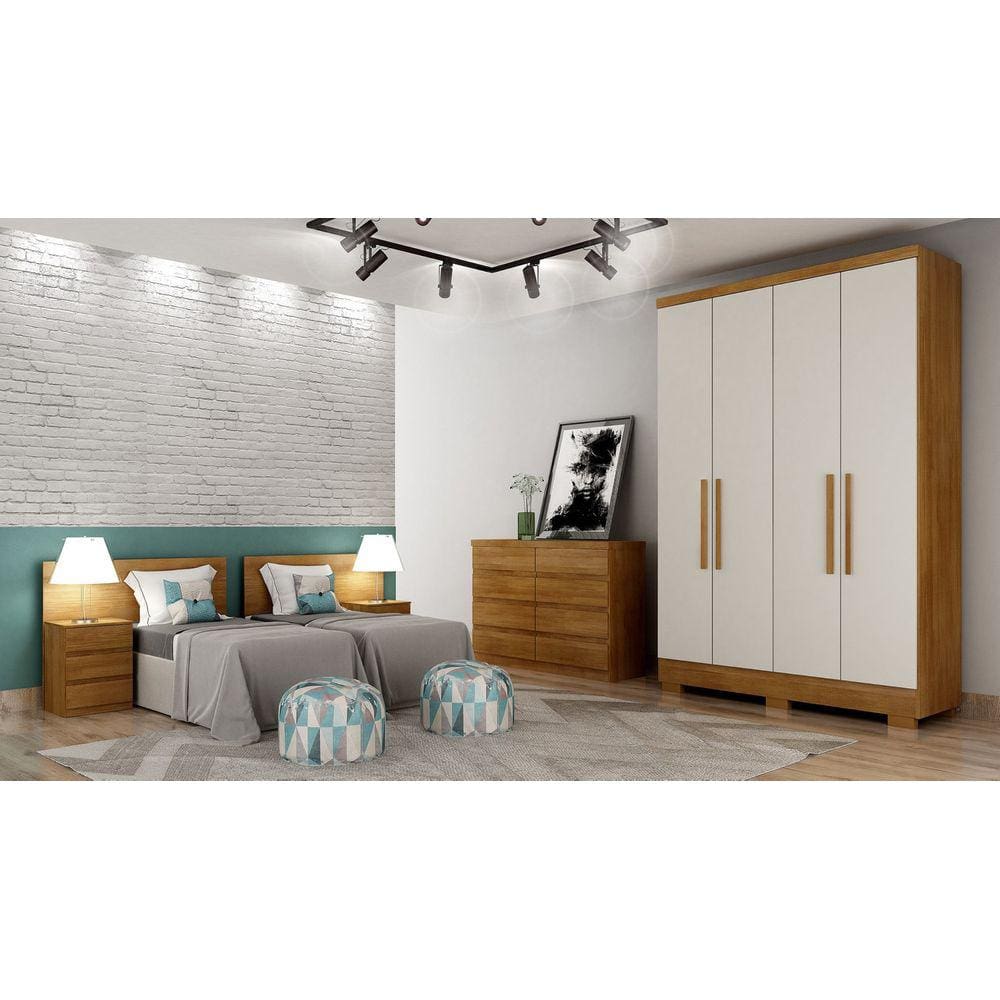Guarda Roupa Solteiro com Pés 4 Portas 2 Gavetas - Milly-Cumaru off white  - Móveis Novo Horizonte