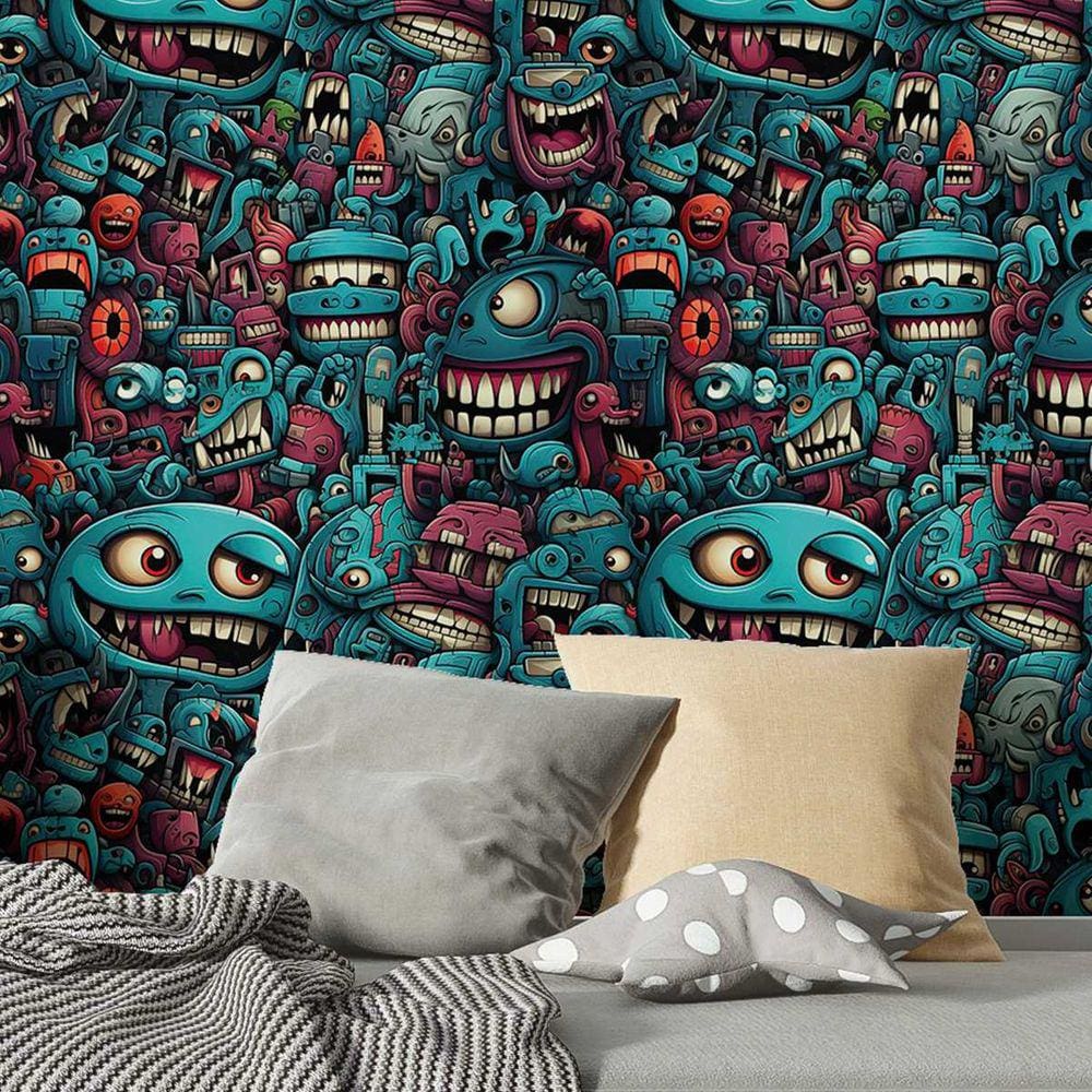 Papel de Parede Gamer 3D Cartoon arte azul efeito Realista Geek Decorativo quarto sala Lavavel 12m