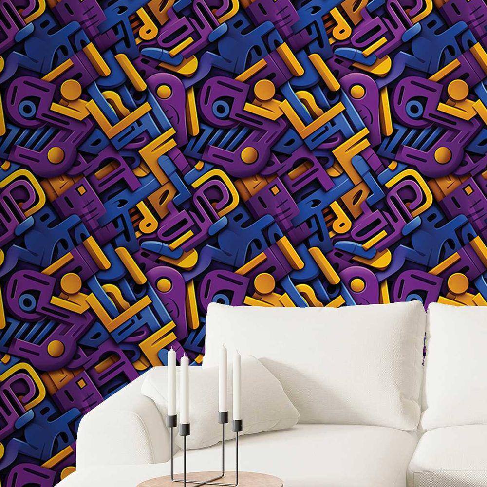 Papel de Parede Gamer Grafite Abstrato moderno 3D Roxo amarelo decorativo Vinilico lavavel 18m