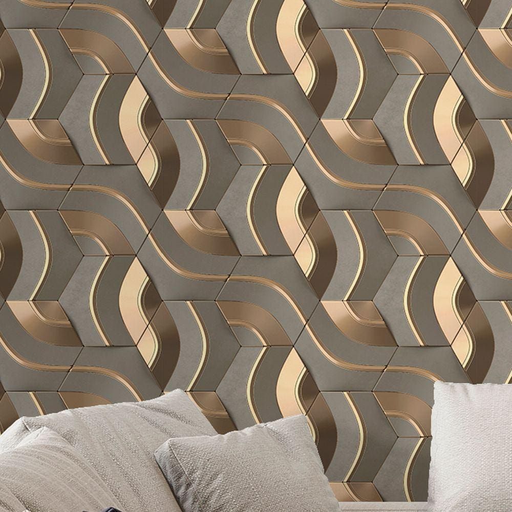 Papel de Parede 3D Auto Adesivo Geométrico Labirinto Fio Dourado decorativo Quarto Sala Cozinha 12m