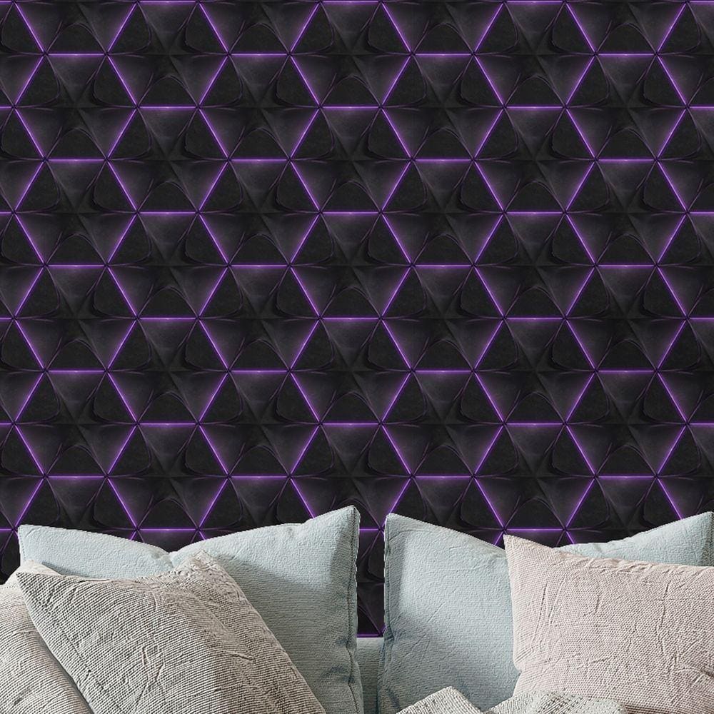 Papel de Parede 3D Auto Adesivo Geométrico Hexagono Luz led Roxa decorativa Quarto Sala 15m