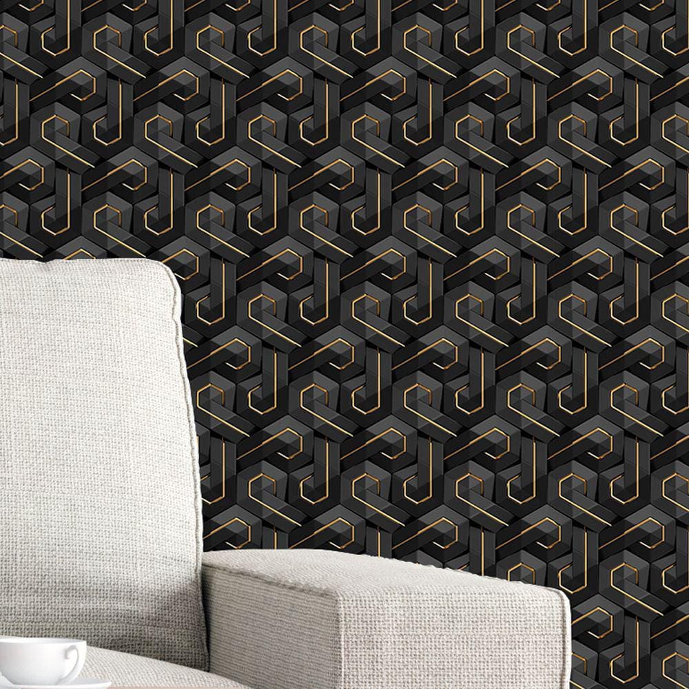 Papel de Parede 3D Auto Adesivo Geométrico Tijolinho Letra P Preto Fosco e Fio Gold Decorativo 9m