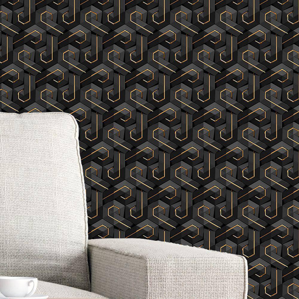 Papel de Parede 3D Auto Adesivo Geométrico Tijolinho Letra P Preto Fosco e Fio Gold Decorativo 15m
