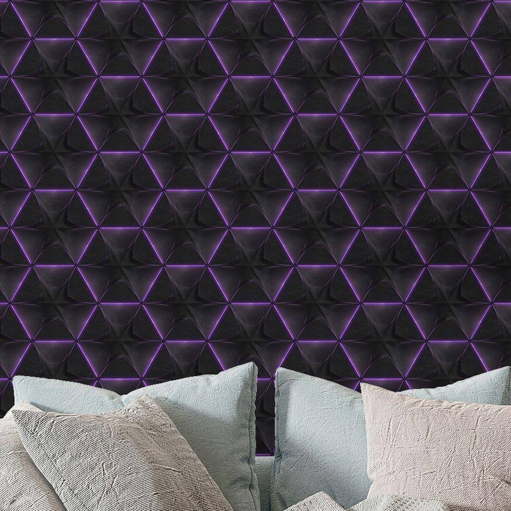 Papel de Parede 3D Auto Adesivo Geométrico Hexagono Luz led Roxa decorativa Quarto Sala 6m