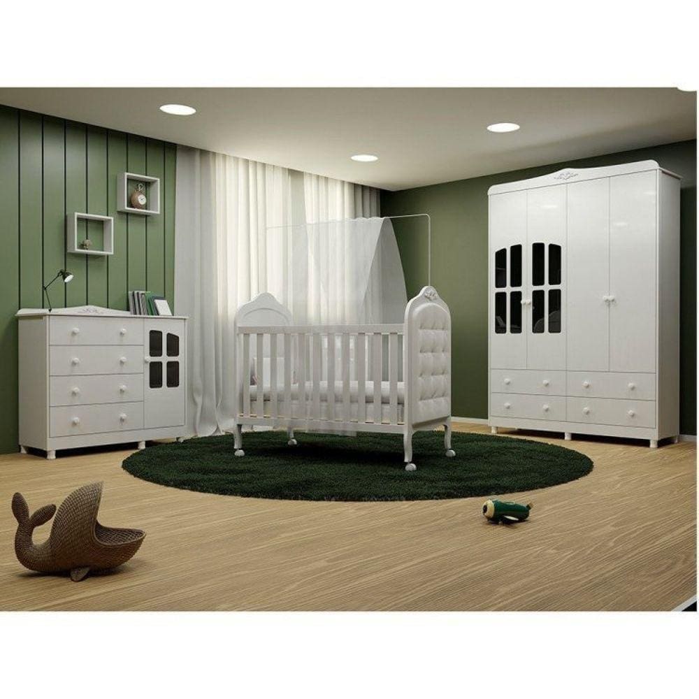 Quarto de Bebê Berço com Botões encapados Guarda Roupa e Cômoda com Janela Maya Clássico Espresso Móveis Branco Brilho/Sintético Branco