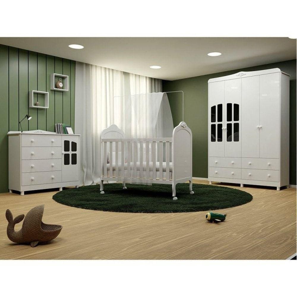 Quarto de Bebê Berço Guarda Roupa e Cômoda com Janela Maya Clássico Espresso Móveis Branco Brilho