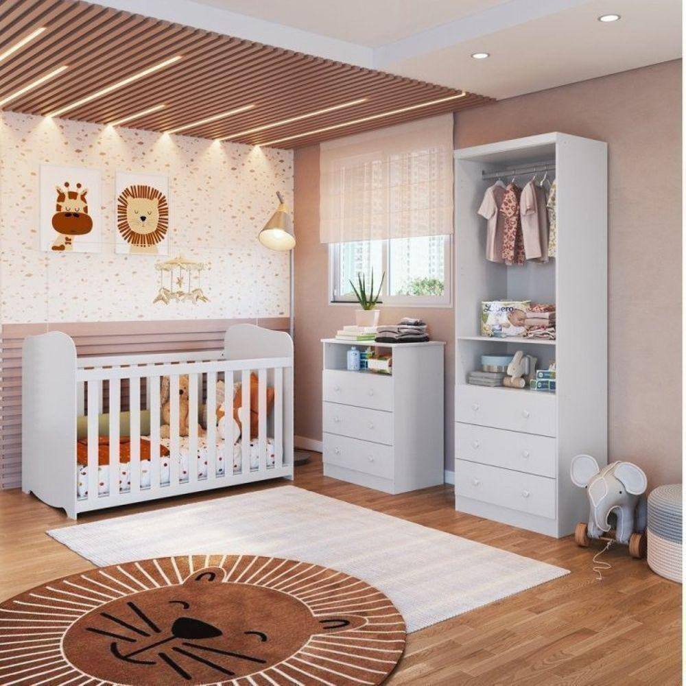 Quarto de Bebê Berço Mini Cama Cômoda e Guarda Roupa Cambalhota Espresso Móveis Branco Brilho