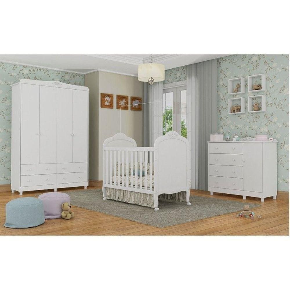 Quarto de Bebê Berço Guarda Roupa e Cômoda Maya Clássico Espresso Móveis Branco Brilho