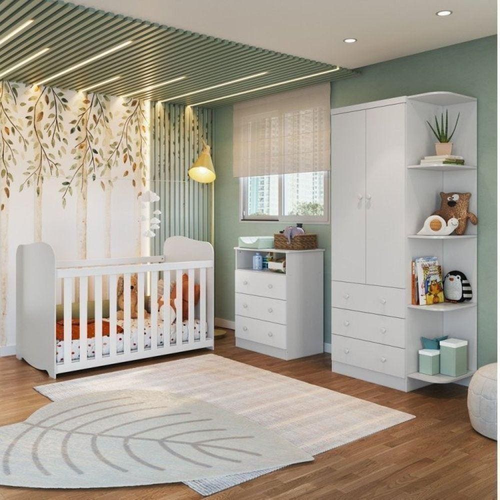 Quarto de Bebê Berço Mini Cama Cômoda e Guarda Roupa com Cantoneira Cambalhota Espresso Móveis Branco Brilho