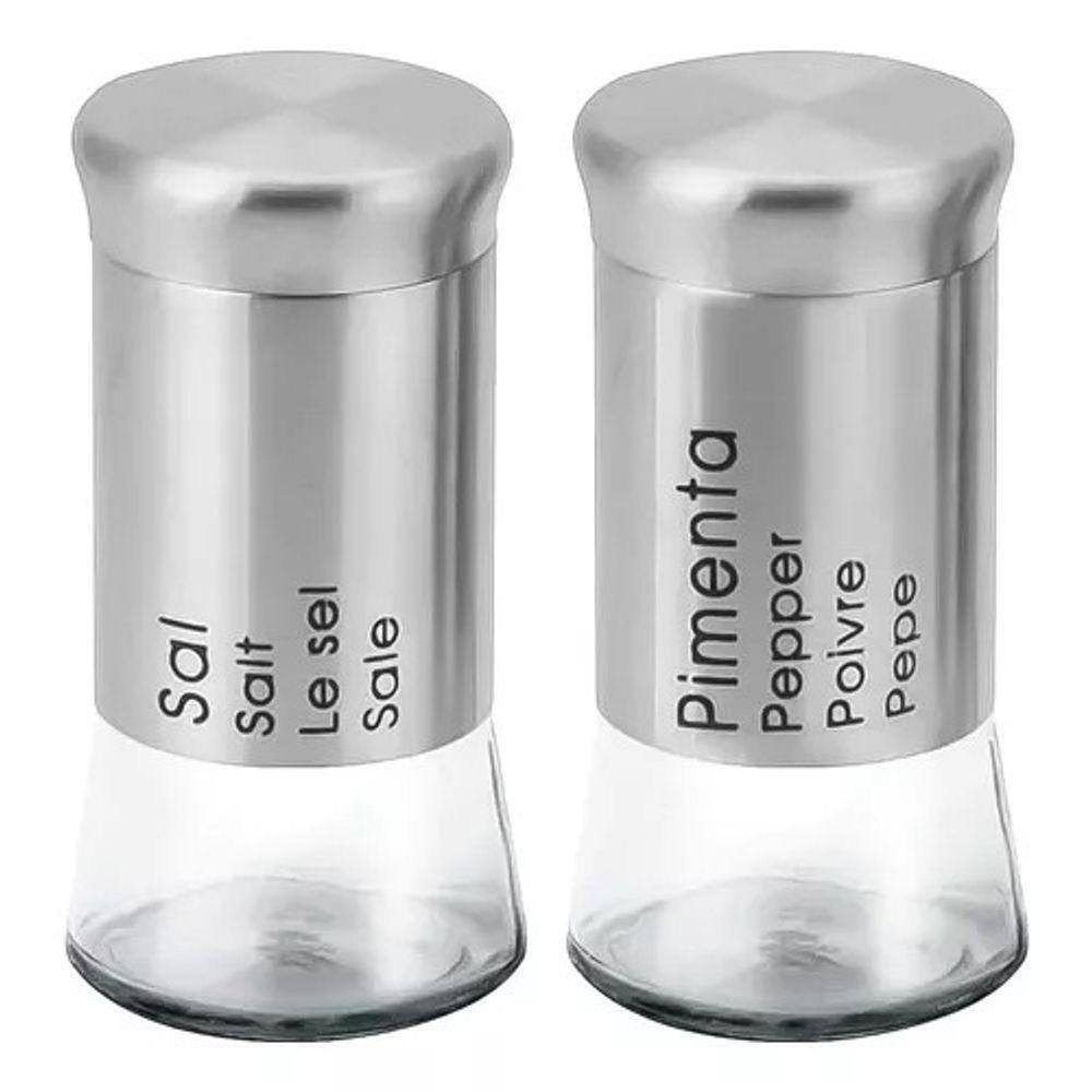 Kit Saleiro Pimenteiro Temperos 2 Peças Inox Vidro Dispenser Condimento Tempero