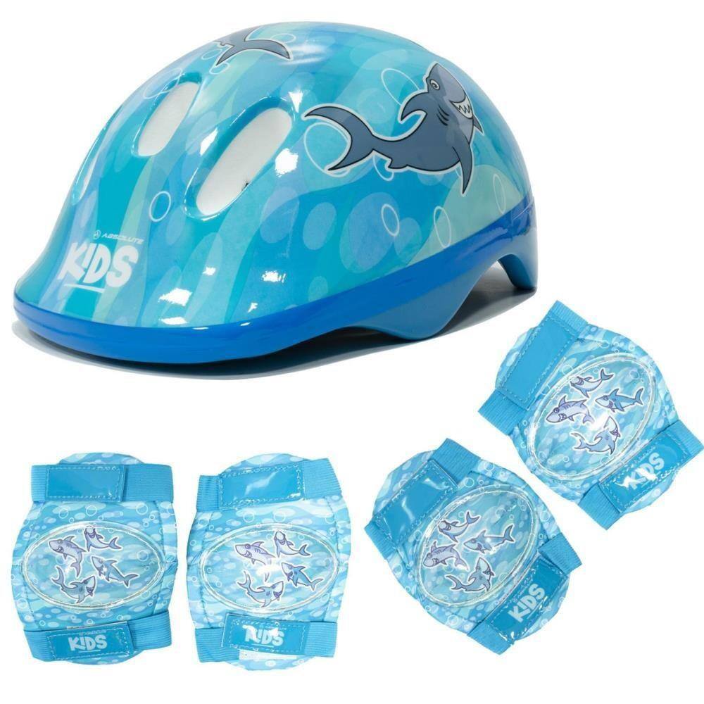 Kit Proteção Infantil Tubarão Capacete (52-56cm) com Joelheira e Cotoveleira Azul