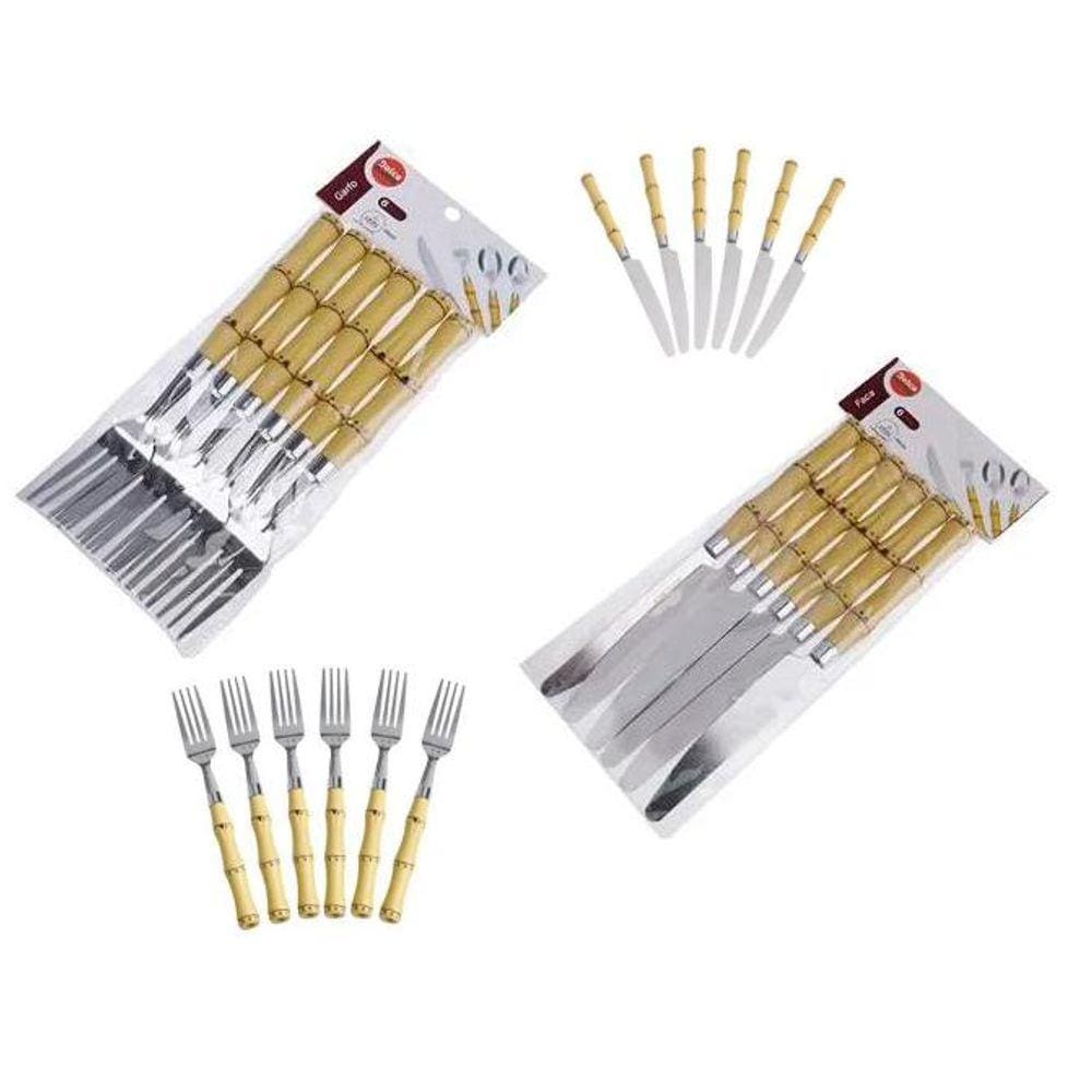 Jogo de Garfo E Faca Inox Cabo Plástico Estilo Bambu 12 Pç