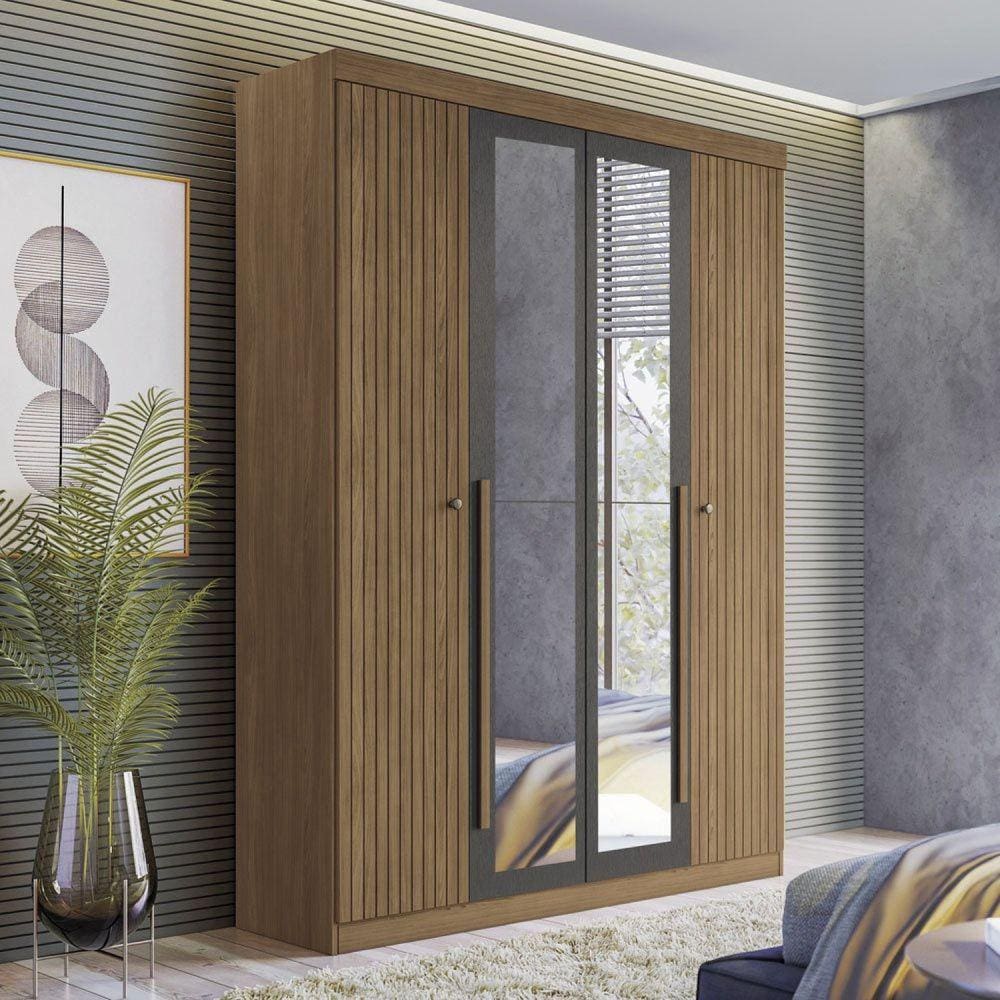 Guarda Roupa Solteiro Ripado 4 Portas2 Gavetas com Espelhos Antony Jatobá/Grafite