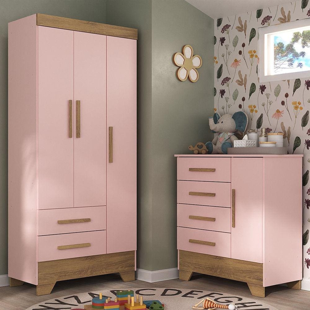 Quarto Infantil Completo Guarda Roupa 3 Portas 2 Gavetas com Cômoda Selene Espresso Móveis Rosa Fosco/Marrom