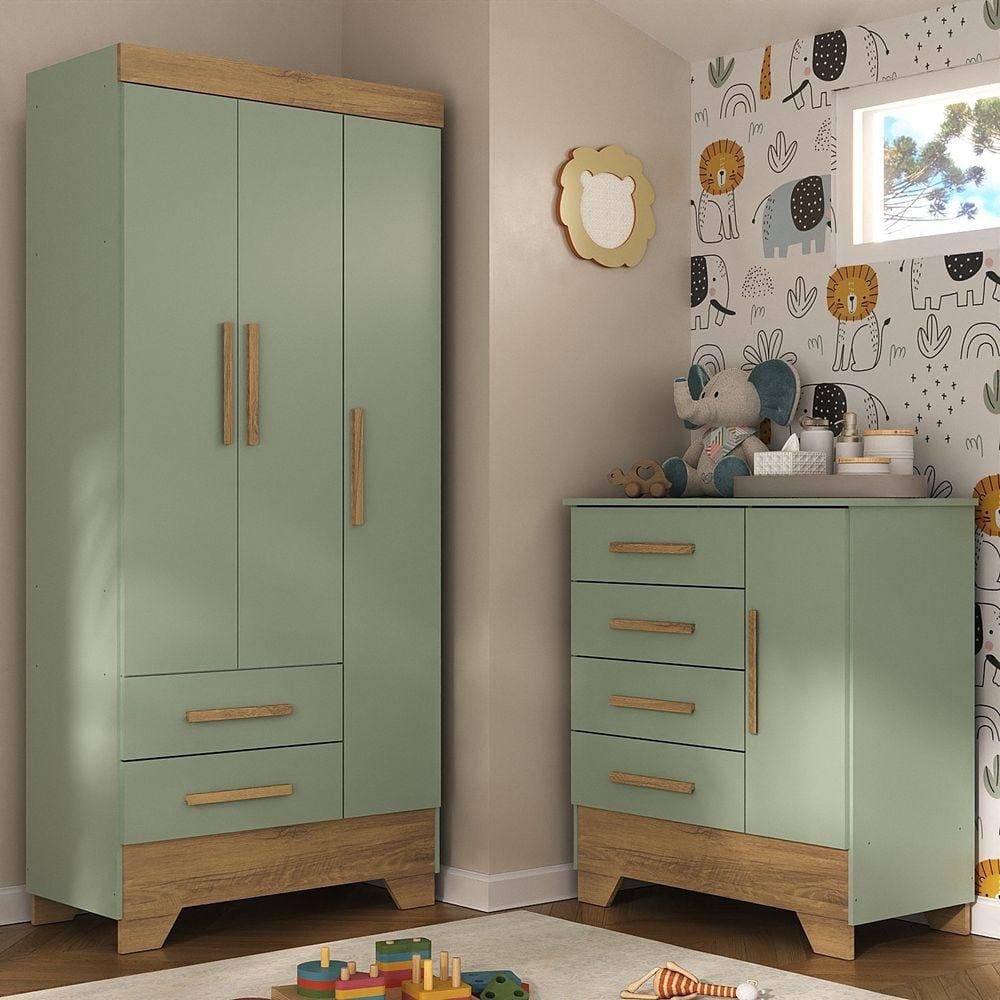 Quarto Infantil Completo Guarda Roupa 3 Portas 2 Gavetas com Cômoda Selene Espresso Móveis Verde Fosco/Marrom