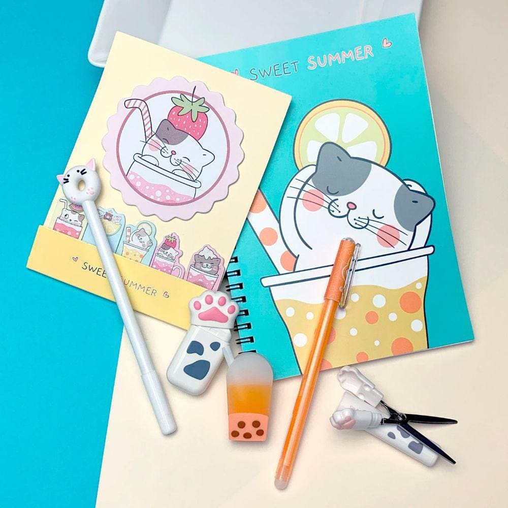 Kit Kawaii Gato Bubble Tea - Conjunto Papelaria Fofa 7 Itens