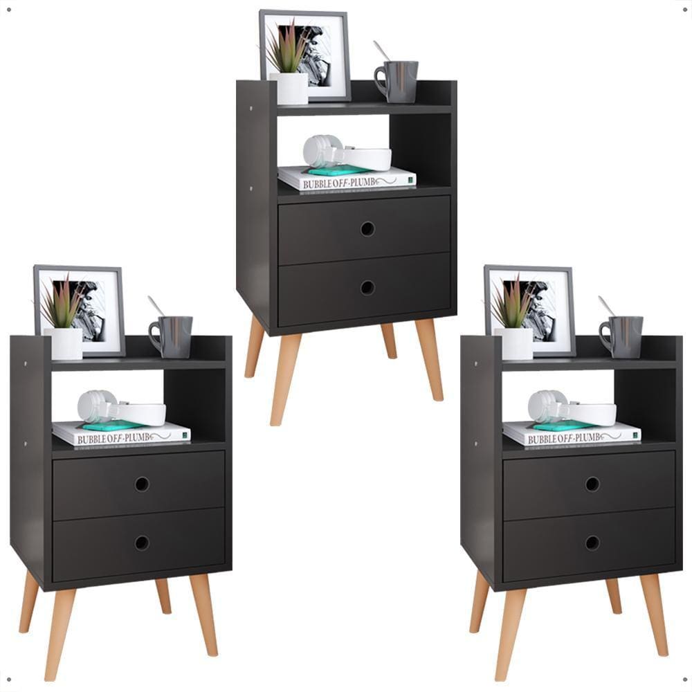 Kit 3 Mesas Cabeceira Dream Jogo Mesinha Decorativa Lateral Cama Decoração Quarto Casal Solteiro - Preto - RPM Móveis