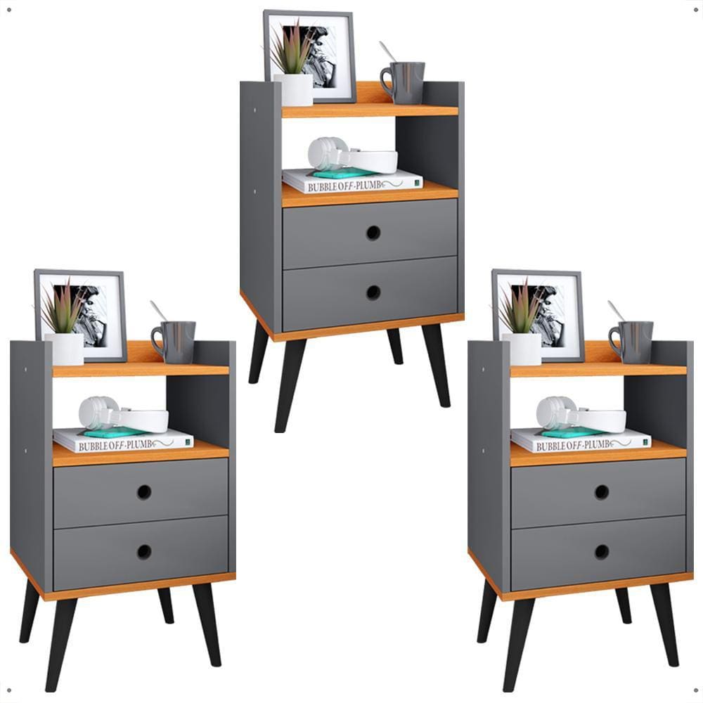Kit 3 Mesas Cabeceira Dream Jogo Mesinha Decorativa Lateral Cama Decoração Quarto Casal Solteiro - Cinza/Cinamomo - RPM Móveis