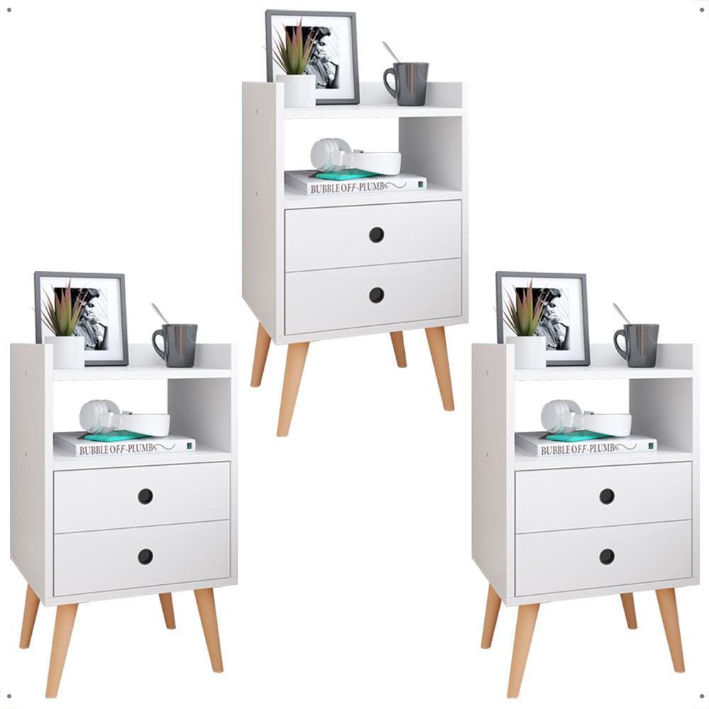 Kit 3 Mesas Cabeceira Dream Jogo Mesinha Decorativa Lateral Cama Decoração Quarto Casal Solteiro - Branco - RPM Móveis