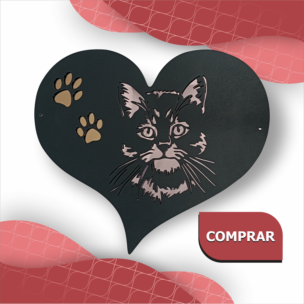 Quadro Gato Coração 38x32 Preto / Bronze / Rosa Espelhado