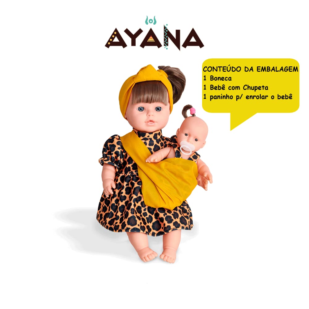 Boneca Ayana Grande 40Cm Com Filhinha E Chupeta Para Bebe