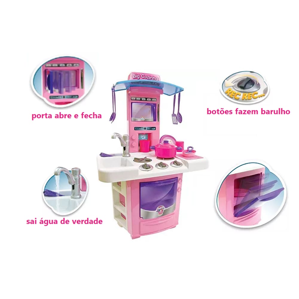 Cozinha De Brinquedo Rosa Grande Abre Portas Com Som E Água