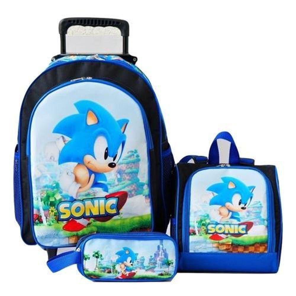 Kit Mochila Escolar Infantil Sonic Azul Com Rodinhas