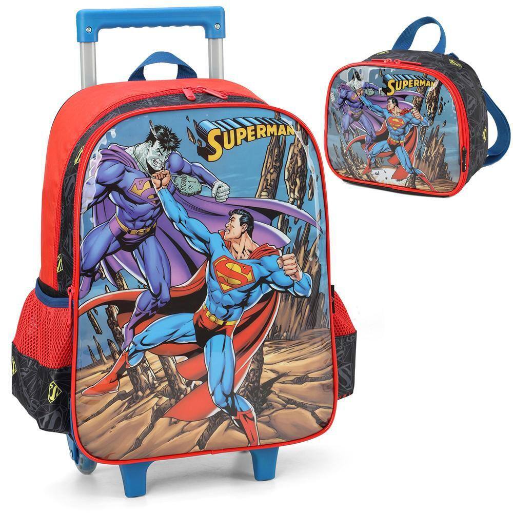 Kit Mochila Rodinhas Lancheira Luxcel Superman Azul