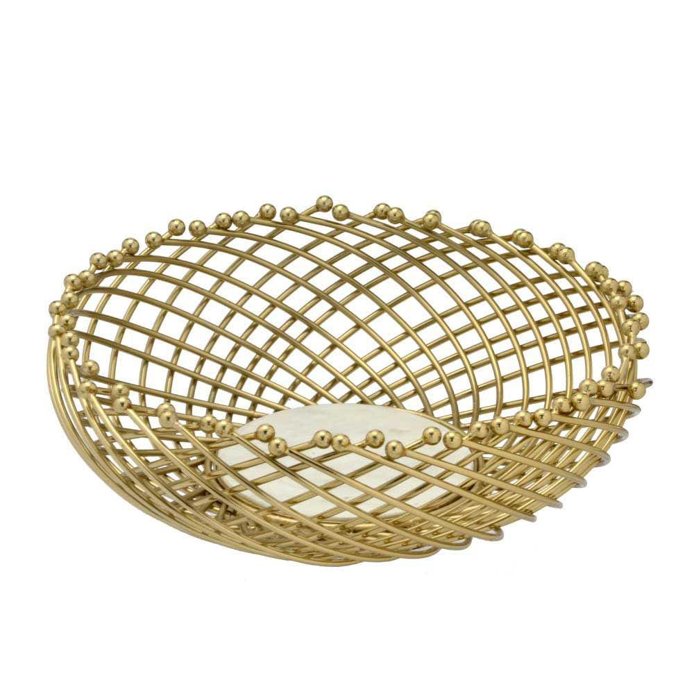 Centro de Mesa Decorativo Aramado Metal e Mármore Dourado 25cm