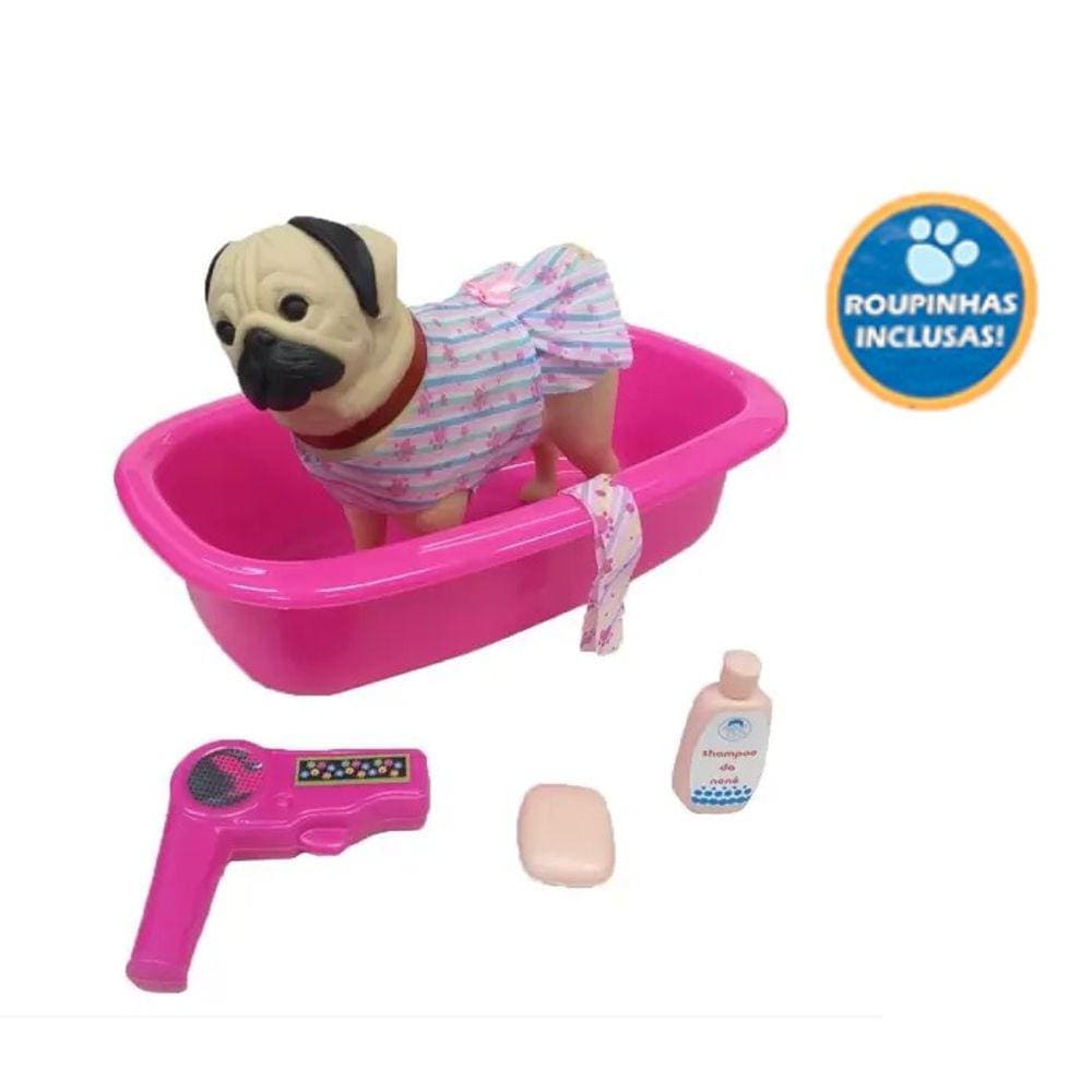 Cachorro Pug Pet Shop Banho C/Acessórios Adijomar Brinquedos