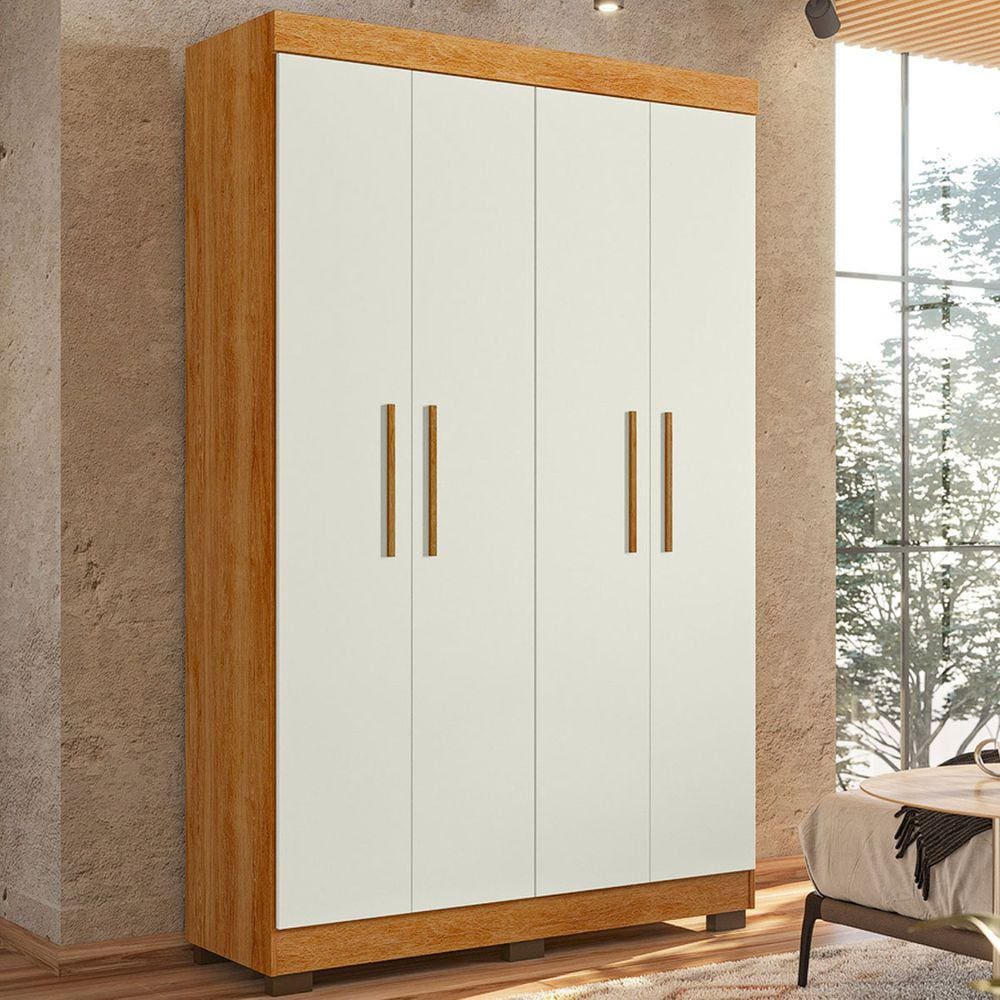 Guarda-Roupa Solteiro Flórida 4 Portas 3 Gavetas 100% Mdf Amadeirado/Off White - Tigus Baby