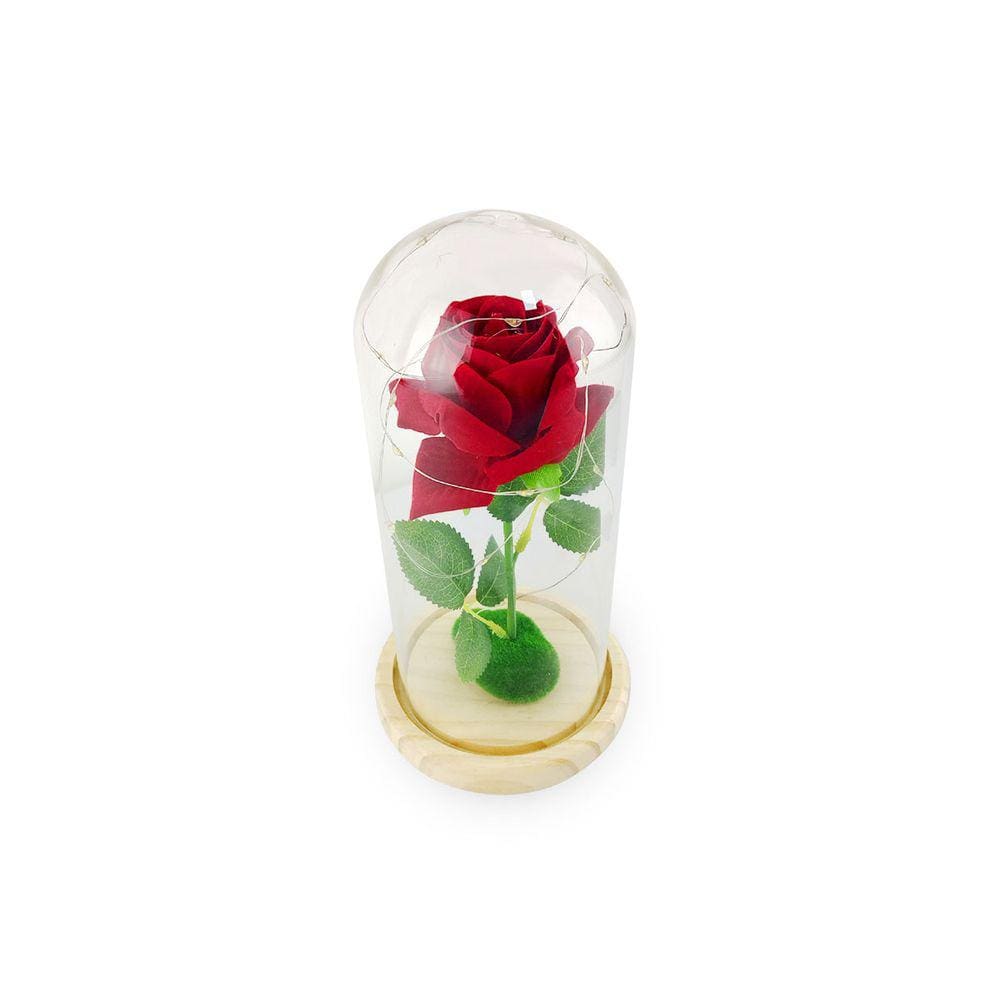 Enfeite decorativo Modelo Cúpula de Vidro e Base em madeira com Rosa Permanente