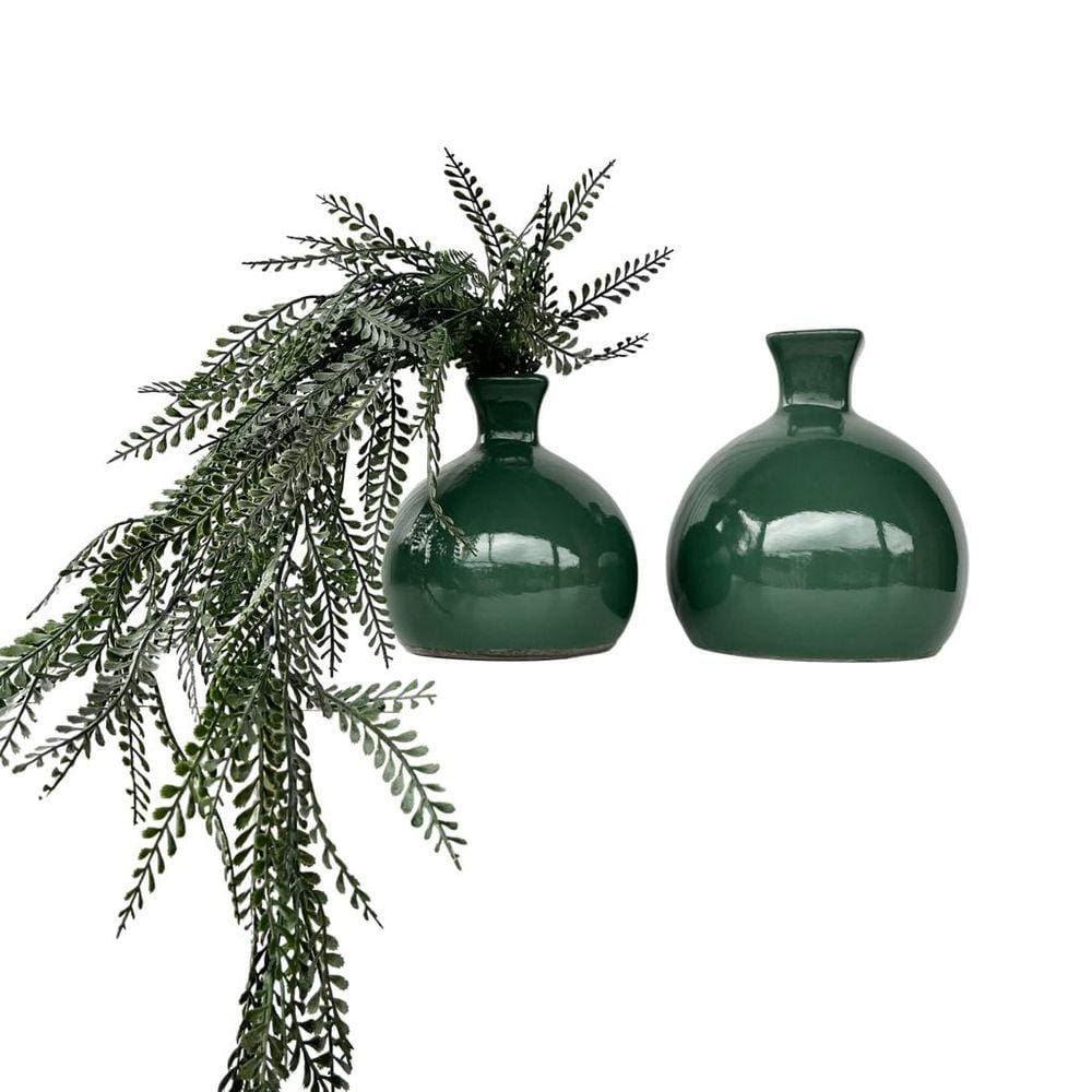 Dupla vaso bola redondo verde liso com planta moderna caída