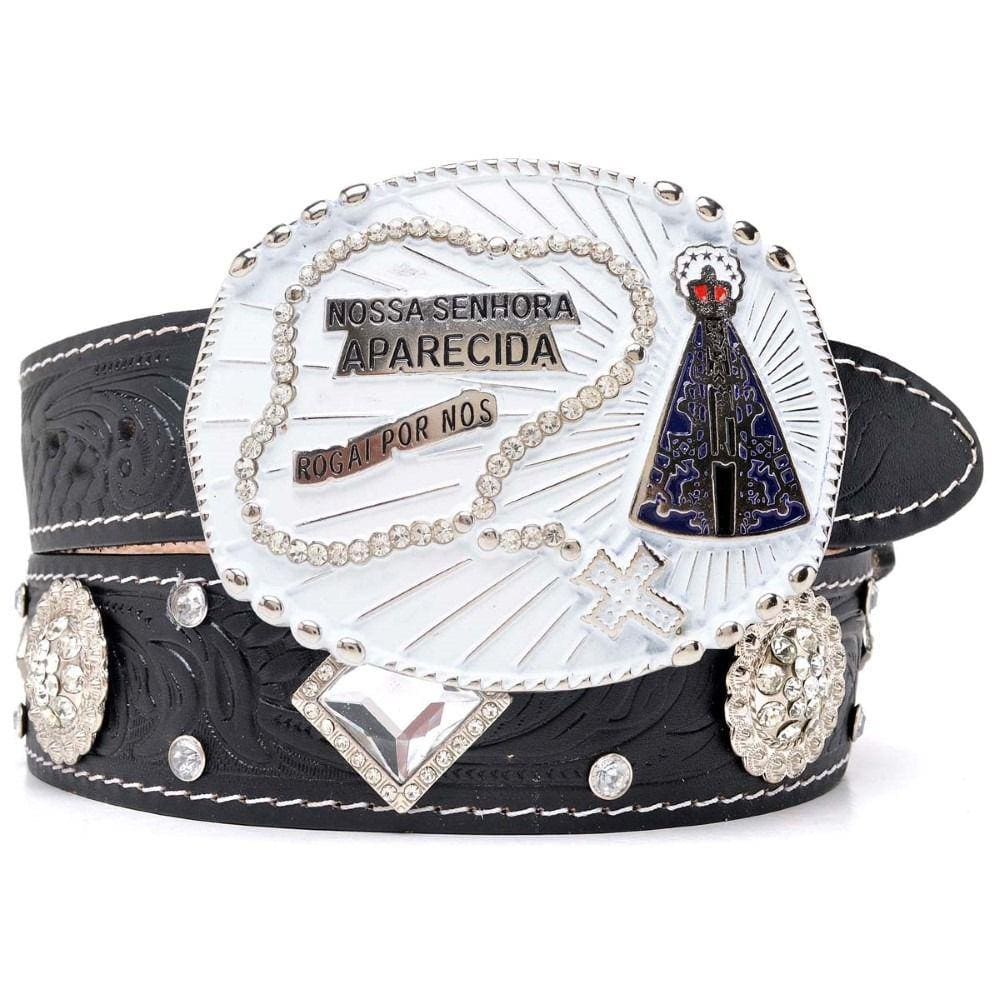 Cinto Couro Feminino Fivela Redonda Terço Nossa Senhora de Aparecida Detalhes Strass Brilho