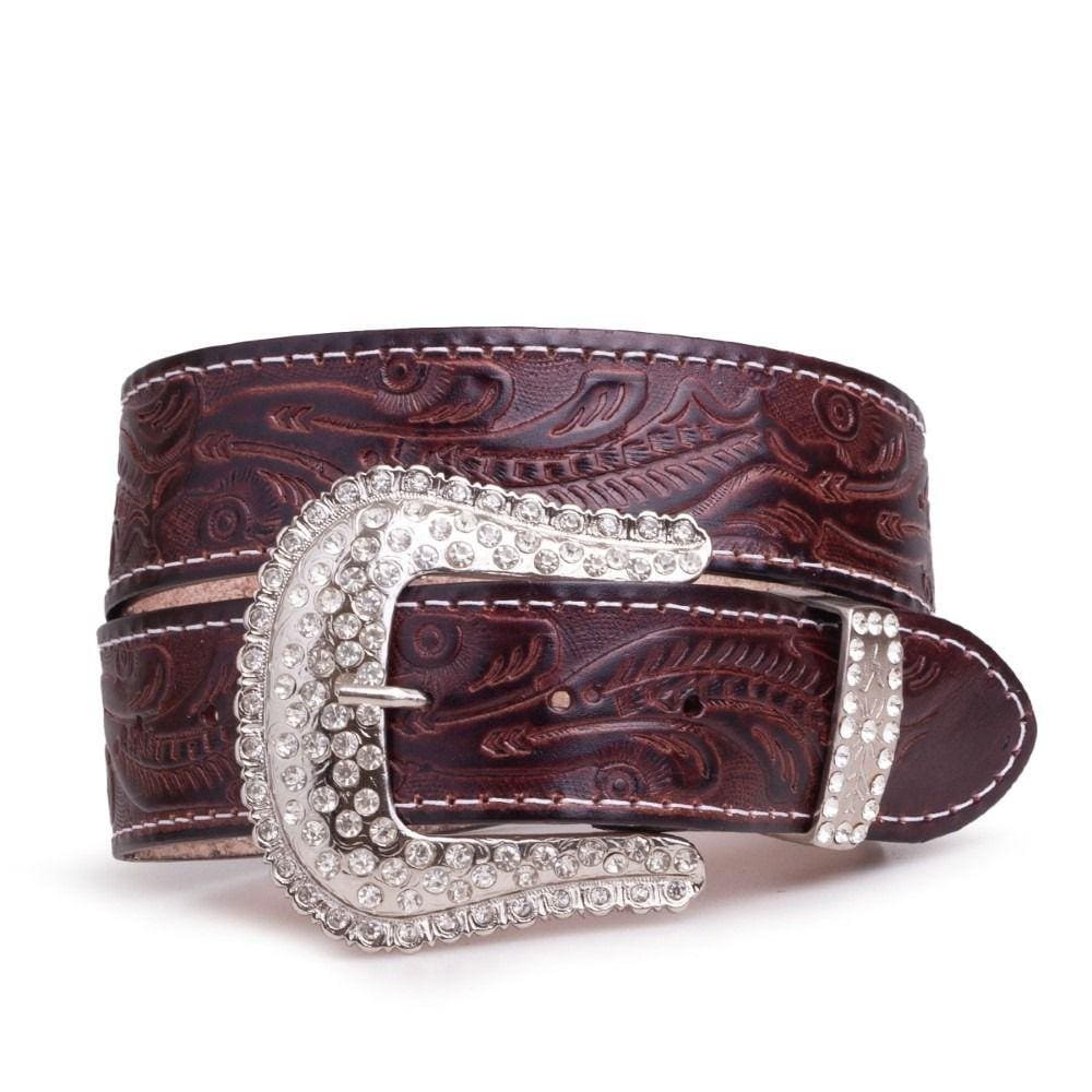 Cinto Feminino Couro Country Fest Fivela Redonda Strass Cruz Com Aplicações Moderno