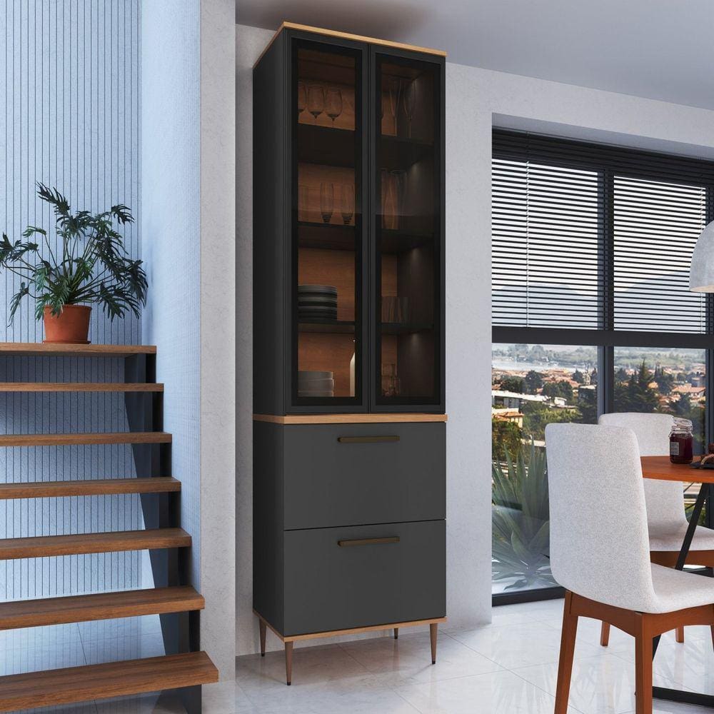 Armário Paneleiro 2 Portas 2 Gavetas Vidro Fume Isabelle Freijó/Grafite